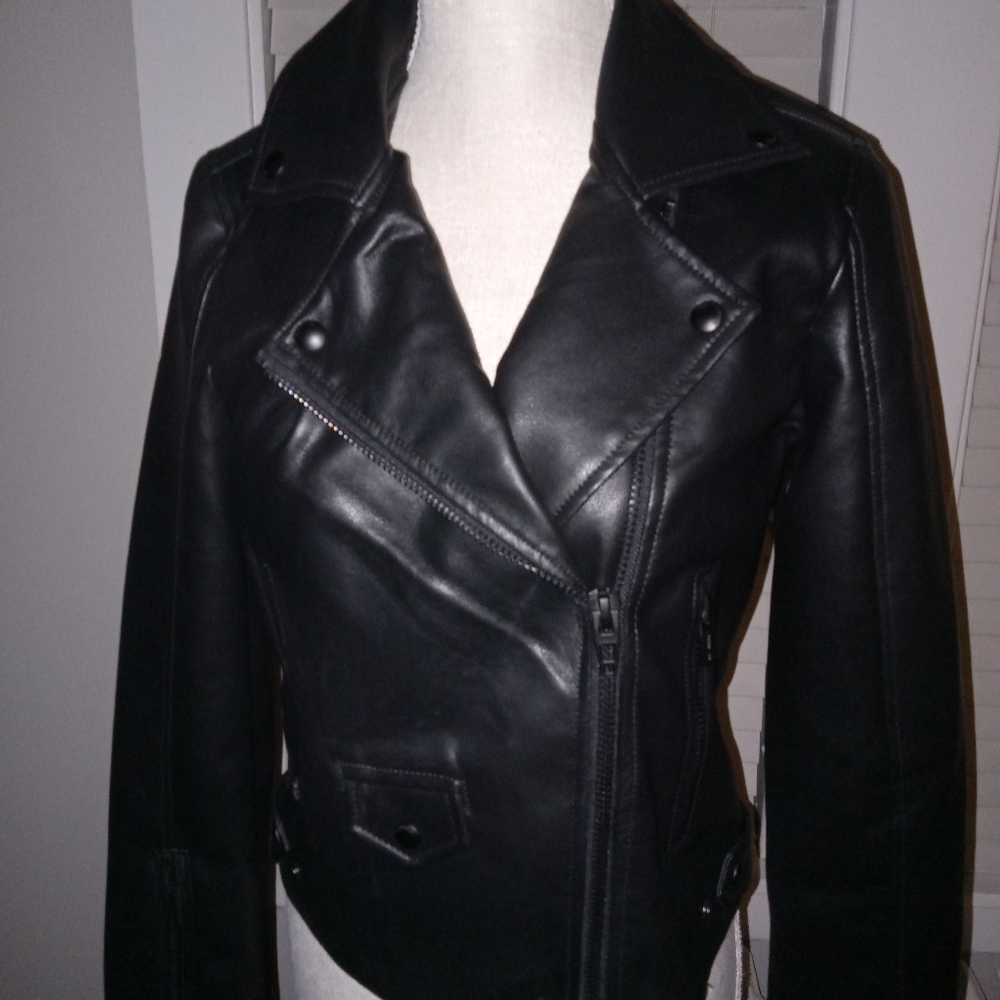 NWT BLANK NYC Black Faux Leather Motto Jacket Metal Hardware Size XS - Picture 2 of 8